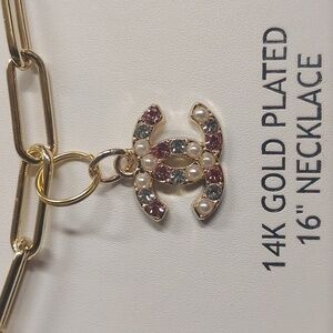 New House of Harlow 1960 Gold & Pink Chanel Pearl Charm Necklace